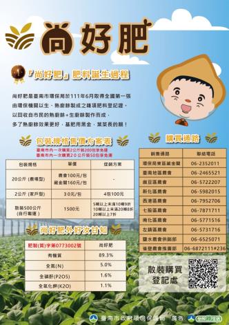 尚好肥」有機肥料產品宣傳海報，包含售價、成分及購買通路資訊